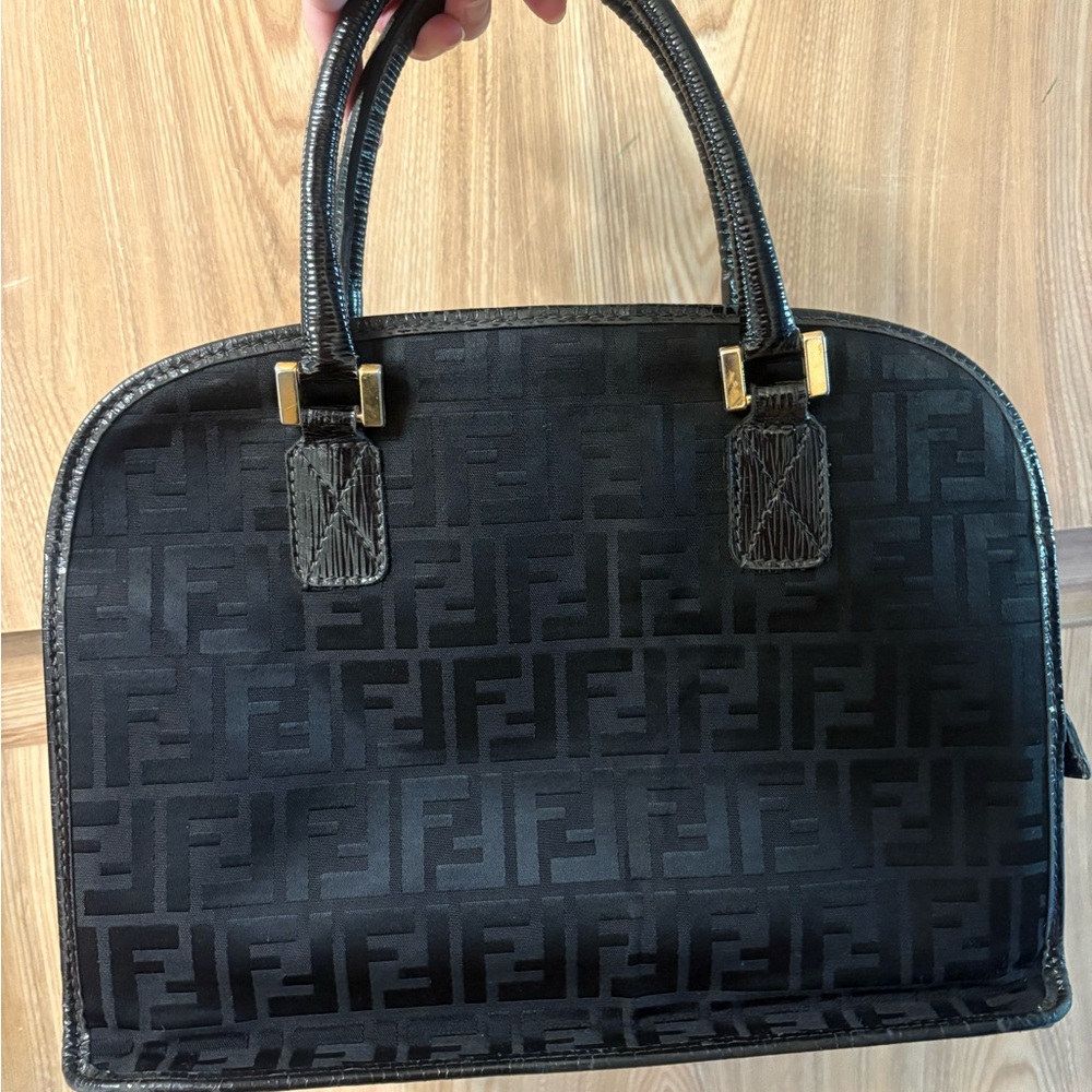 Auth FENDI Zucca pattern Black canvas leather Handbag Vintage Medium